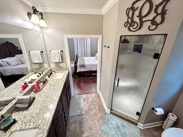 bathroom featuring vanity, wood-type flooring, an enclosed shower, and ornamental molding