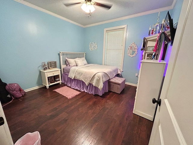 bedroom with ceiling fan, dark hardwood / wood-style flooring, and ornamental molding