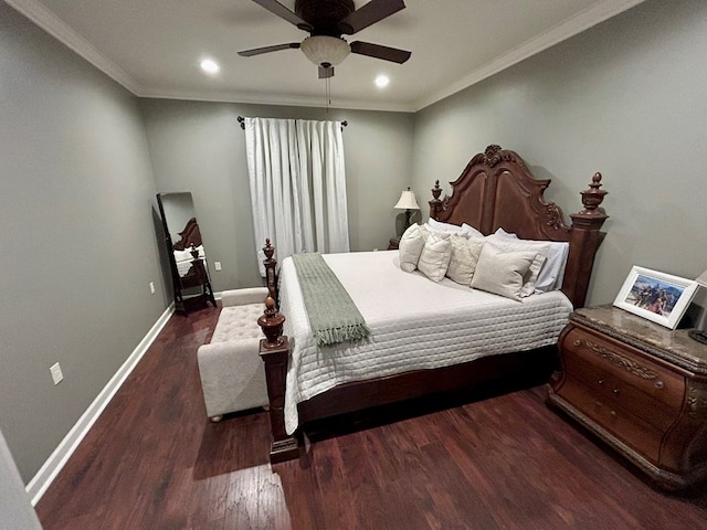 bedroom featuring ornamental molding, ceiling fan, and dark wood-type flooring