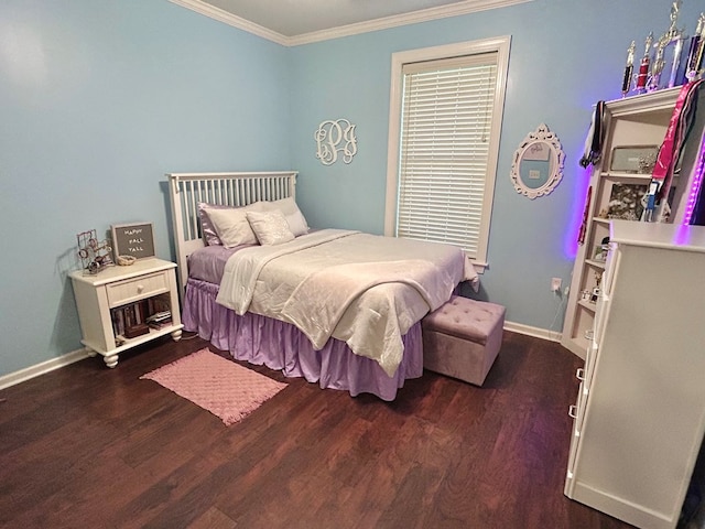 bedroom with crown molding and dark wood-type flooring