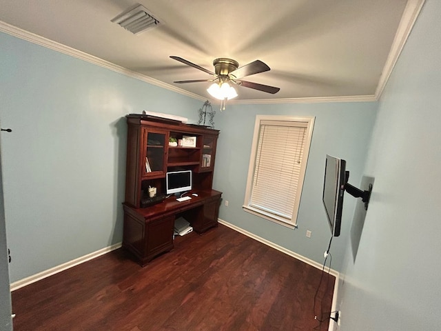 1456 State Highway 134 E, Headland, AL 36345 - unfurnished office with visible vents, ornamental molding, baseboards, ceiling fan, and dark wood-style floors