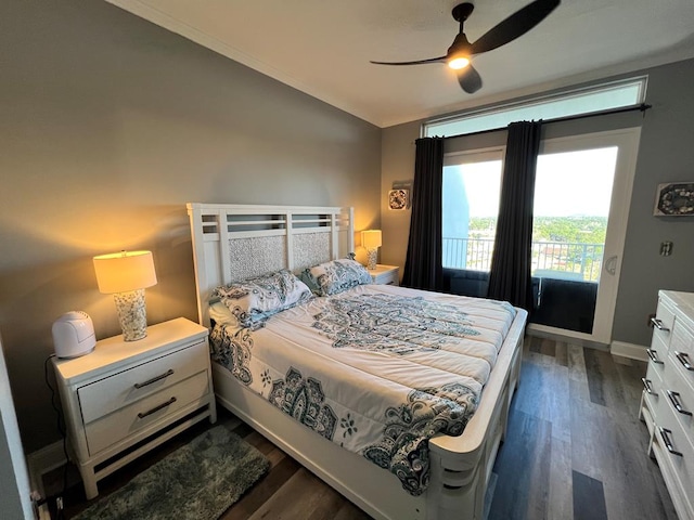 bedroom with a ceiling fan, baseboards, and dark wood finished floors