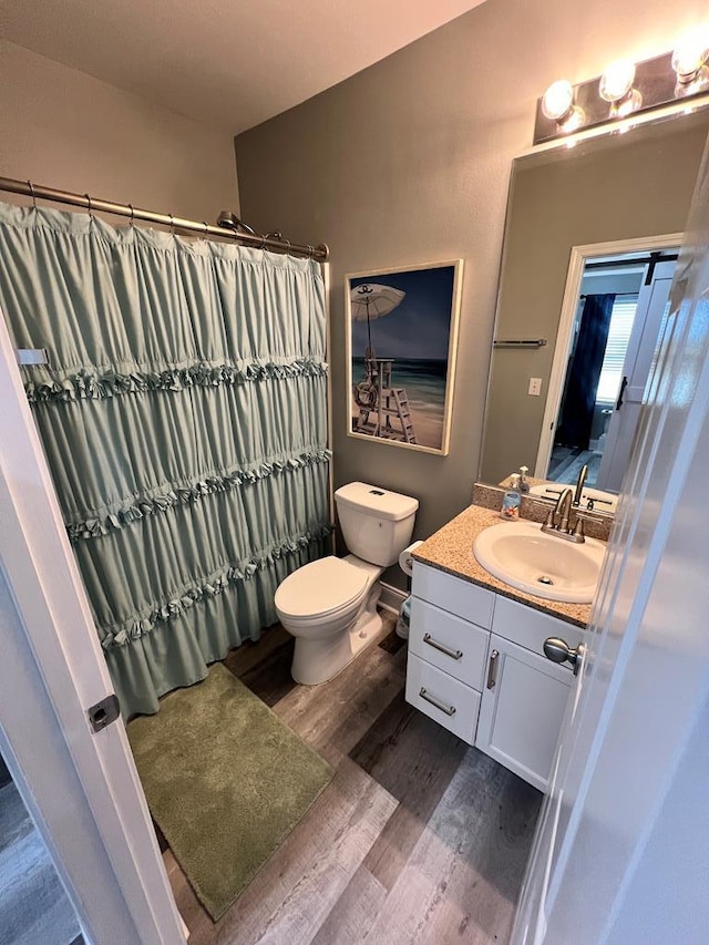 bathroom featuring vanity, curtained shower, toilet, and wood finished floors