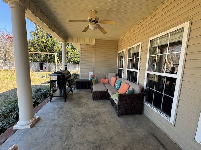 view of patio / terrace with an outdoor hangout area, fence, grilling area, and a ceiling fan