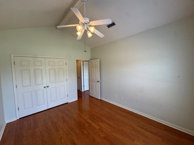 108 Sunshine Ln, Dothan, AL 36303 - unfurnished bedroom with beamed ceiling, baseboards, wood finished floors, a closet, and ceiling fan