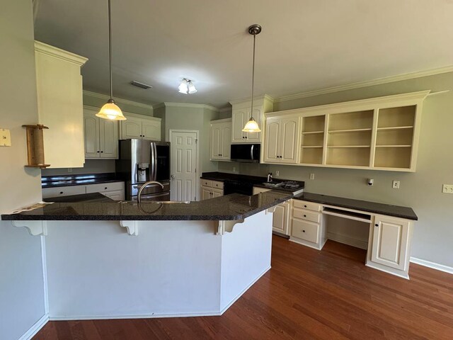 108 Sunshine Ln, Dothan, AL 36303 - kitchen with stainless steel refrigerator with ice dispenser, a peninsula, open shelves, dark wood finished floors, and a kitchen breakfast bar