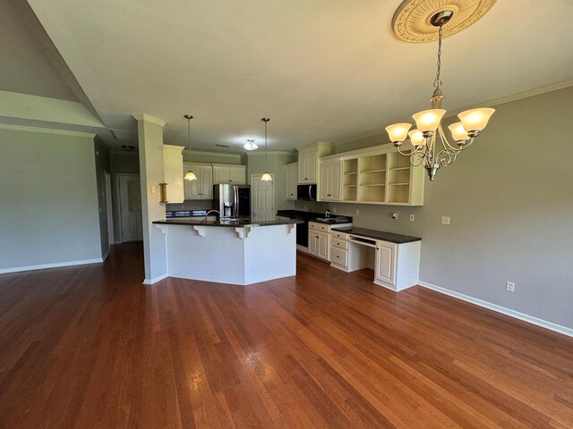 108 Sunshine Ln, Dothan, AL 36303 - kitchen featuring stainless steel refrigerator with ice dispenser, open shelves, dark countertops, a breakfast bar area, and ornamental molding