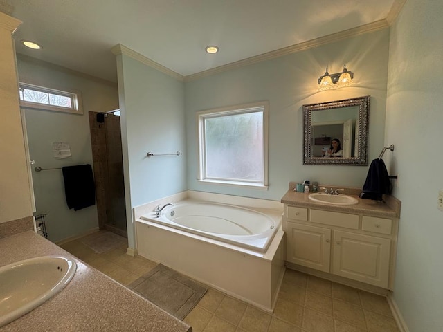 full bath featuring baseboards, crown molding, vanity, a walk in shower, and a bath