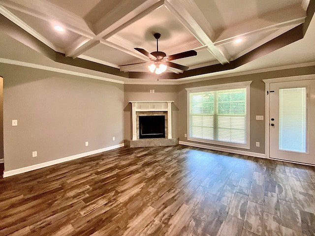 503 Cedar Grove Ln, Enterprise, AL 36330 - unfurnished living room featuring a ceiling fan, dark wood-style flooring, coffered ceiling, beam ceiling, and a fireplace with raised hearth