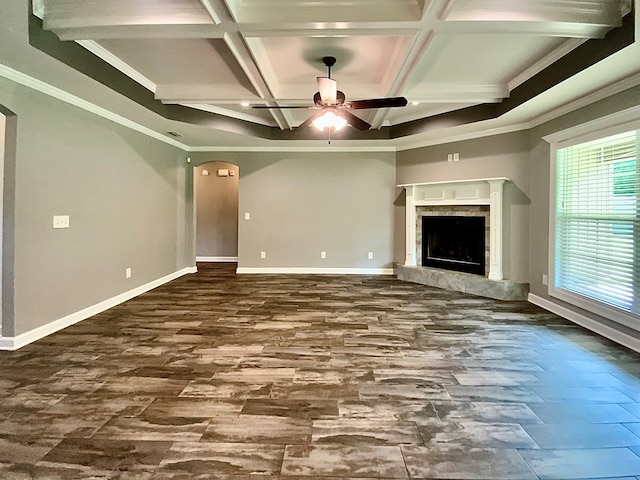 503 Cedar Grove Ln, Enterprise, AL 36330 - unfurnished living room featuring ceiling fan, beamed ceiling, coffered ceiling, a fireplace, and dark wood-type flooring