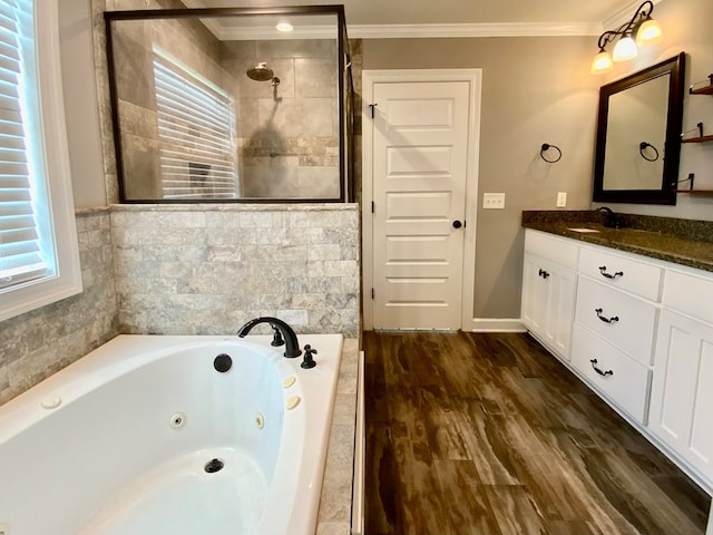 503 Cedar Grove Ln, Enterprise, AL 36330 - bathroom with crown molding, plenty of natural light, a tub with jets, vanity, and a shower stall