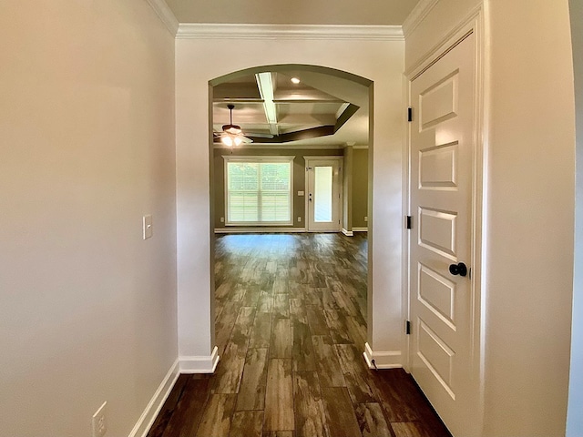 503 Cedar Grove Ln, Enterprise, AL 36330 - hallway with arched walkways, coffered ceiling, ornamental molding, dark wood-type flooring, and beamed ceiling