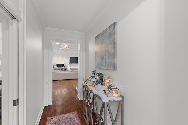 corridor with a chandelier, crown molding, and dark wood-type flooring