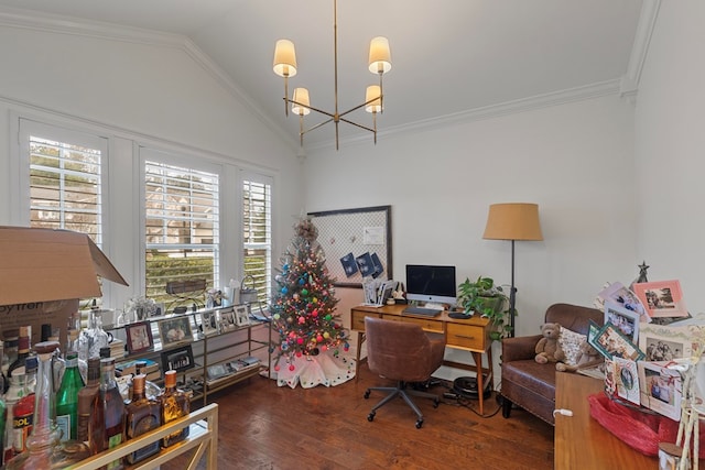 office area with hardwood / wood-style floors, a notable chandelier, ornamental molding, and a wealth of natural light