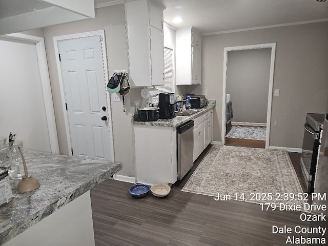 179 Dixie Dr, Ozark, AL 36360 - kitchen featuring dishwasher, white cabinetry, dark wood-style flooring, and crown molding