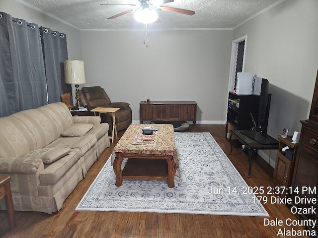179 Dixie Dr, Ozark, AL 36360 - living area featuring ceiling fan, a textured ceiling, crown molding, and wood finished floors
