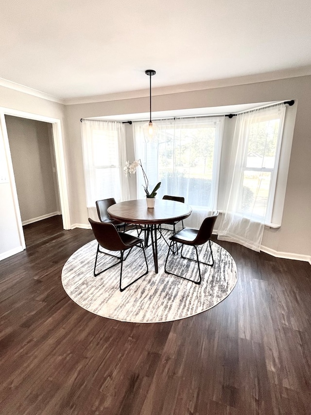 dining space featuring crown molding and dark wood-type flooring