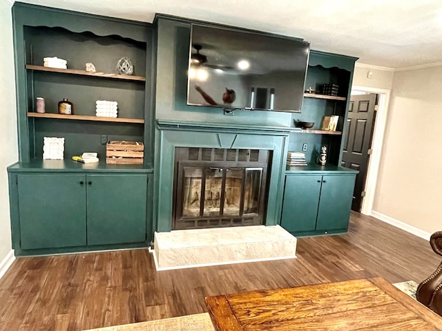 bar with crown molding and dark wood-type flooring