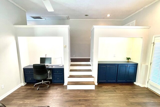 office featuring crown molding and dark wood-type flooring