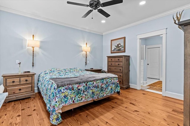 3195 Singletary Rd, Slocomb, AL 36375 - bedroom with ornamental molding, wood finished floors, recessed lighting, and ceiling fan