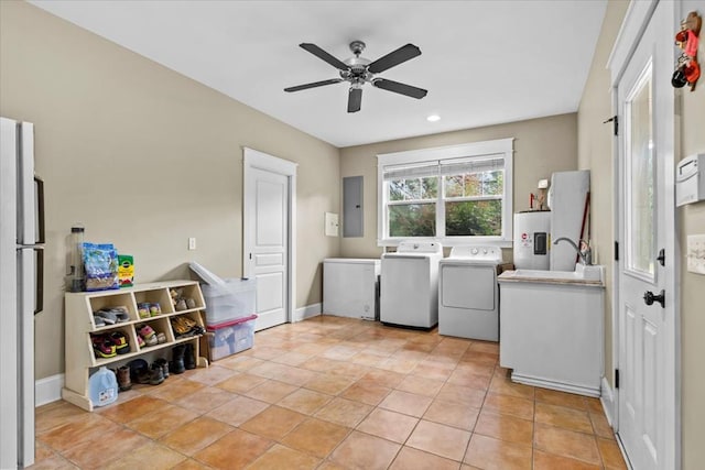 3195 Singletary Rd, Slocomb, AL 36375 - laundry room with independent washer and dryer, water heater, ceiling fan, electric panel, and recessed lighting