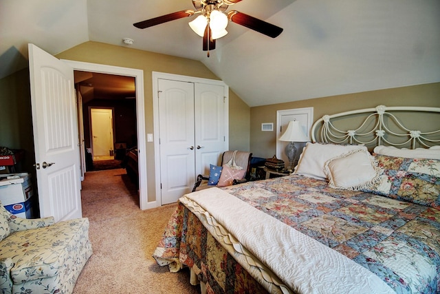 128 Hidden Creek Cir, Dothan, AL 36301 - bedroom featuring lofted ceiling, light colored carpet, a closet, and a ceiling fan
