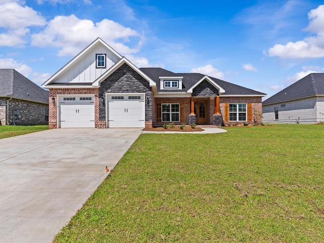 craftsman house with board and batten siding, driveway, a front yard, brick siding, and stone siding