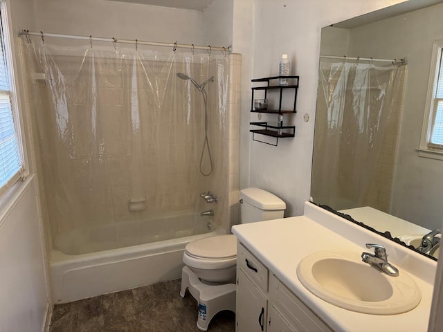 full bath featuring toilet, vanity, and shower / bathtub combination with curtain