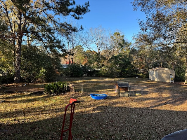 view of yard featuring a storage shed and an outbuilding