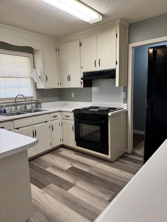 kitchen featuring under cabinet range hood, a sink, light wood-style floors, light countertops, and black appliances