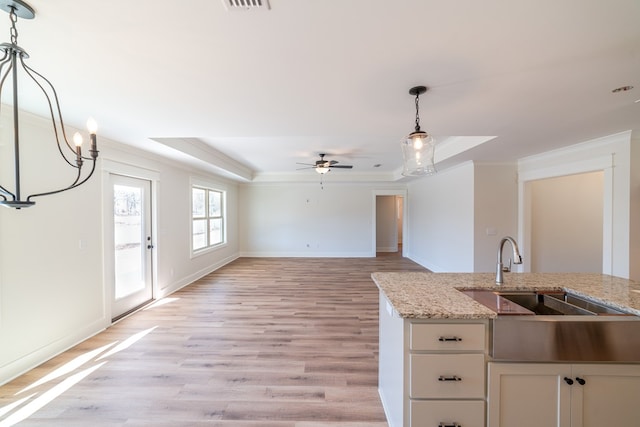 kitchen with a sink, a raised ceiling, white cabinetry, and crown molding