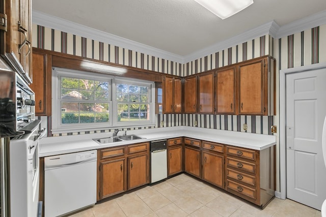 kitchen featuring wallpapered walls, dishwasher, a sink, and crown molding