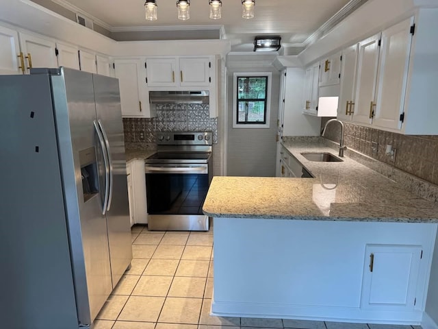 107 Comanche Cir, Enterprise, AL 36330 - kitchen featuring appliances with stainless steel finishes, under cabinet range hood, ornamental molding, light stone counters, and a peninsula