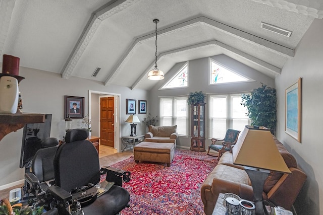 living room featuring wood-type flooring, lofted ceiling, and a textured ceiling