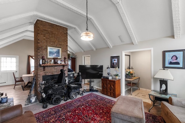 living room featuring vaulted ceiling with beams and a brick fireplace