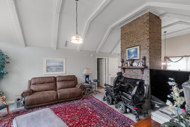 living room with carpet flooring, lofted ceiling with beams, and a brick fireplace