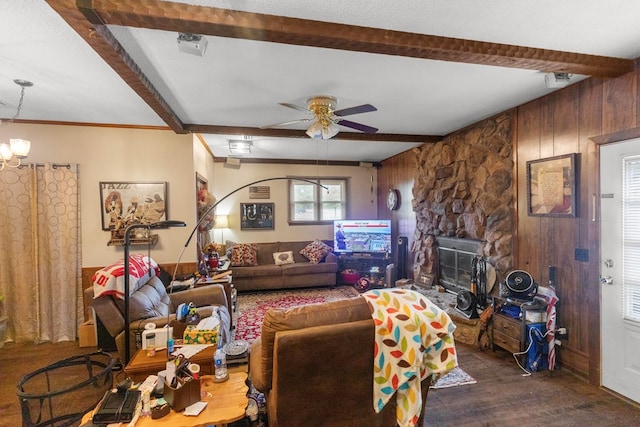 living room featuring ceiling fan, beamed ceiling, and hardwood / wood-style flooring