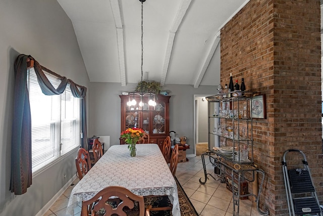 unfurnished dining area featuring light tile patterned floors and lofted ceiling with beams