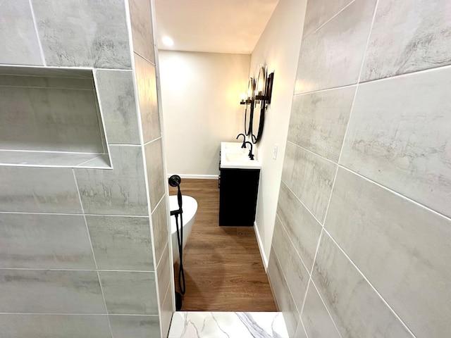 bathroom with wood-type flooring and vanity