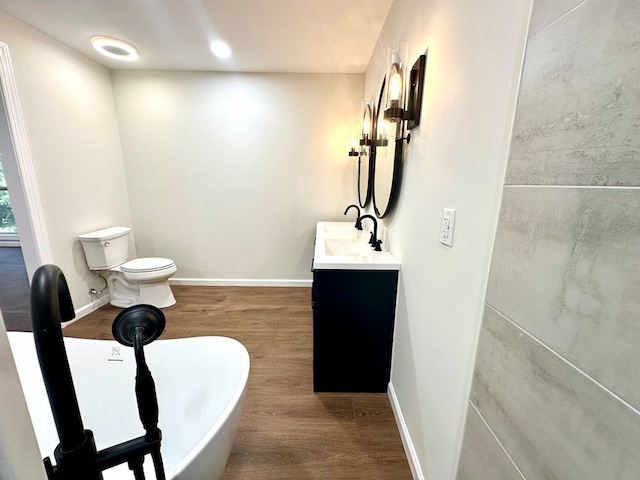 bathroom with wood-type flooring, vanity, and toilet