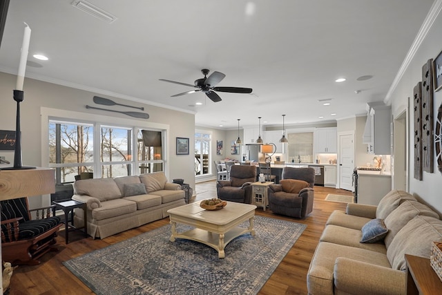 living room with hardwood / wood-style floors, ornamental molding, and a healthy amount of sunlight