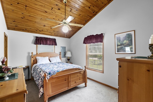 876 Boat Landing Rd, Gordon, AL 36343 - bedroom with lofted ceiling, light carpet, wooden ceiling, baseboards, and ceiling fan