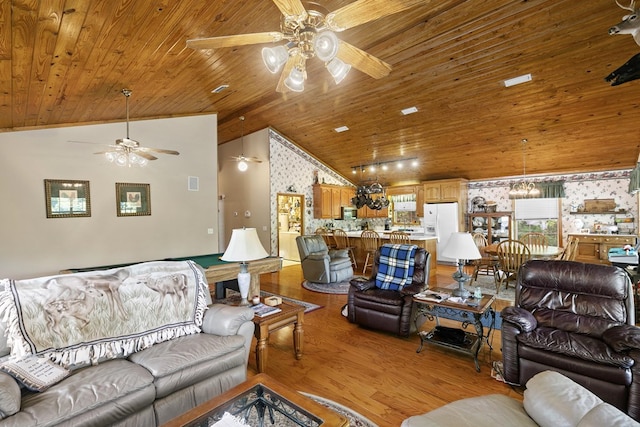 876 Boat Landing Rd, Gordon, AL 36343 - living room featuring ceiling fan, wood ceiling, light wood-style floors, wallpapered walls, and vaulted ceiling