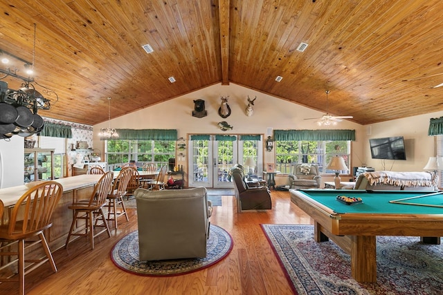 876 Boat Landing Rd, Gordon, AL 36343 - game room with wooden ceiling, ceiling fan, wood finished floors, high vaulted ceiling, and a chandelier