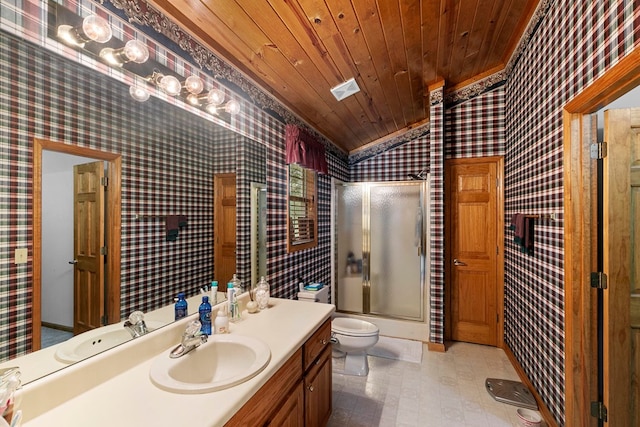 876 Boat Landing Rd, Gordon, AL 36343 - bathroom with wallpapered walls, a shower with door, toilet, vanity, and crown molding