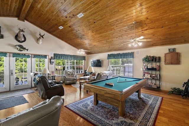 876 Boat Landing Rd, Gordon, AL 36343 - rec room featuring ceiling fan, wood ceiling, pool table, wood finished floors, and high vaulted ceiling