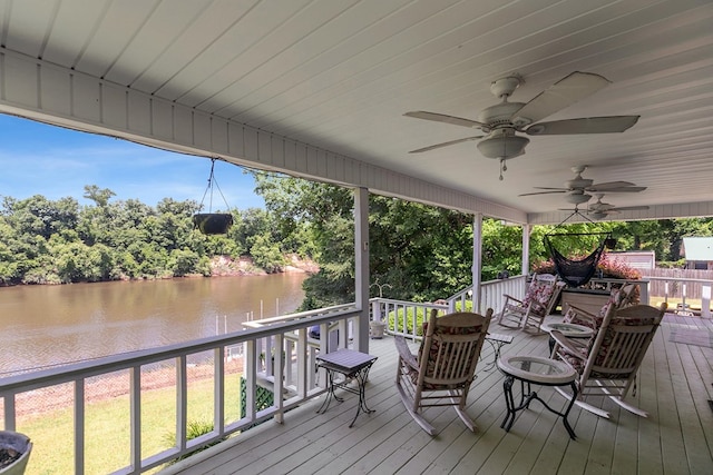 876 Boat Landing Rd, Gordon, AL 36343 - deck with a water view, ceiling fan, and view of scattered trees