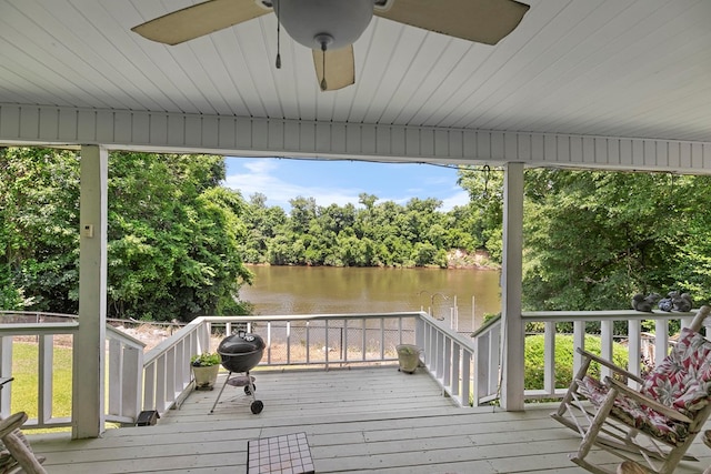 876 Boat Landing Rd, Gordon, AL 36343 - wooden terrace featuring a water view, ceiling fan, view of wooded area, and area for grilling
