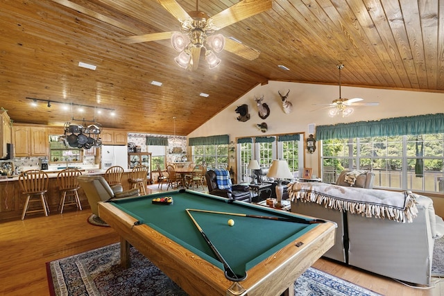 876 Boat Landing Rd, Gordon, AL 36343 - playroom featuring a ceiling fan, wooden ceiling, pool table, light wood-type flooring, and high vaulted ceiling
