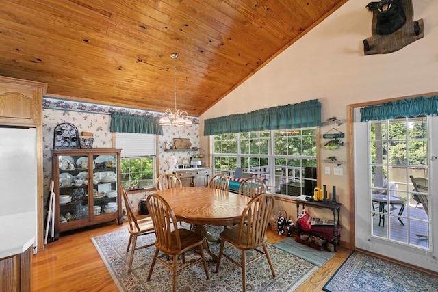 876 Boat Landing Rd, Gordon, AL 36343 - dining space featuring wooden ceiling, a chandelier, healthy amount of natural light, light wood finished floors, and high vaulted ceiling